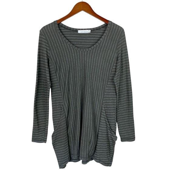 Cut Loose Tunic Shirt Grey Green Stripe Pockets Longer Length Top Women's S - Picture 1 of 7